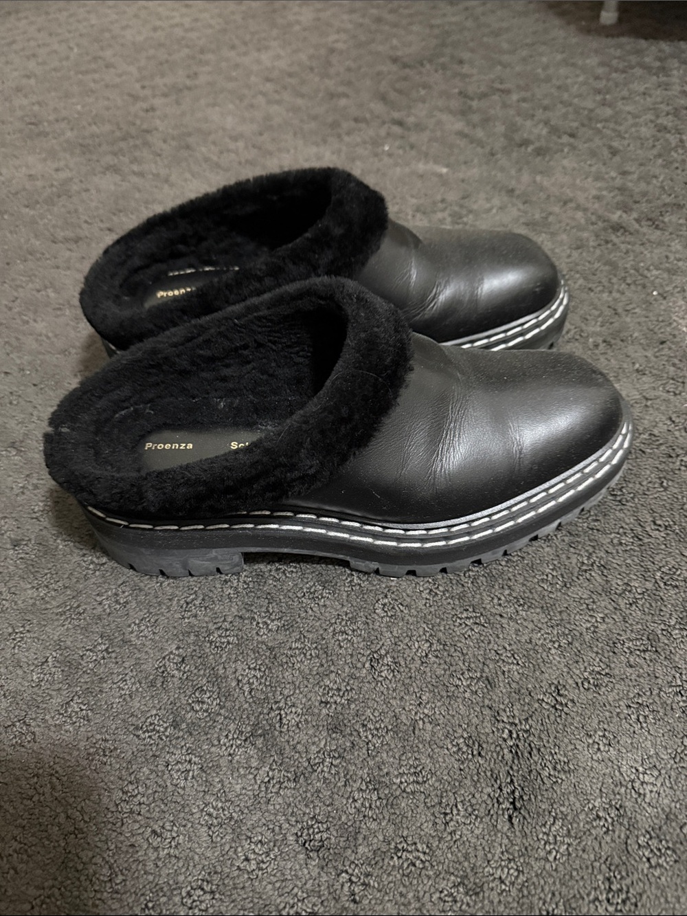 Proenza Schouler Black Leather Shearling Clog Mules
